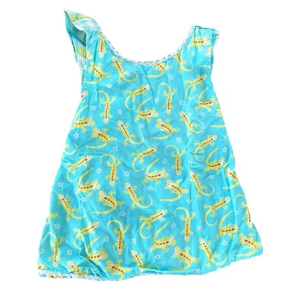 Handmade Little Girls Blue Cotton Crossover Tunic with Yellow Lizard Print Sz4-6 - Picture 1 of 10
